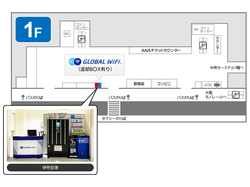 南ターミナル 1階 国際線到着ロビー Global WiFi カウンター